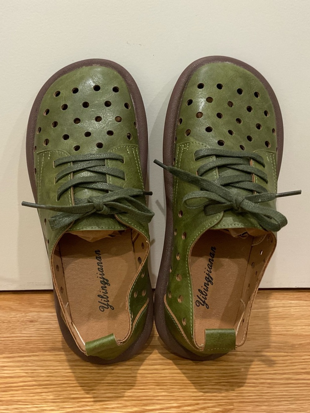 Green Perforated Lace-Up Flats